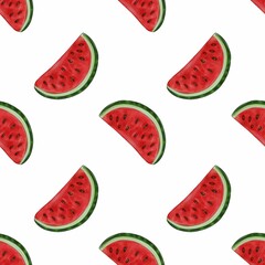 A seamless pattern featuring slices of watermelon on a white background. The watermelon slices are vibrant with red flesh and green rind, showcasing black seeds.