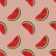 A seamless pattern featuring slices of watermelon on a Pastel Green background. The watermelon slices are vibrant with red flesh and green rind, showcasing black seeds.