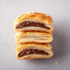 A towering stack of flaky chocolate filled pastries perfectly baked for a sweet delight ideal for any dessert lover's cravings