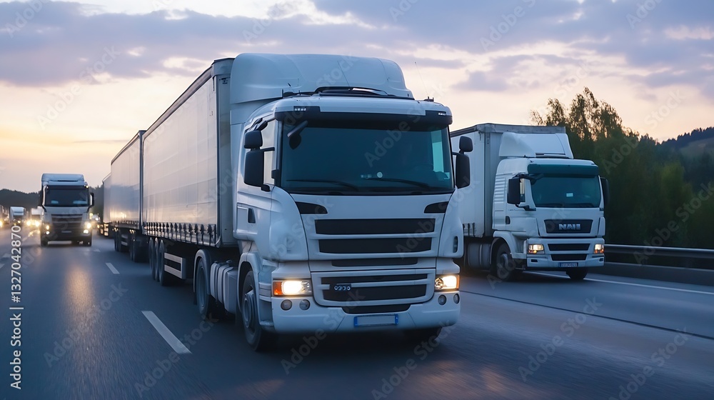 Poster Highway with multiple trucks traveling in a line during dusk showcasing the dynamics of road transport : Generative AI