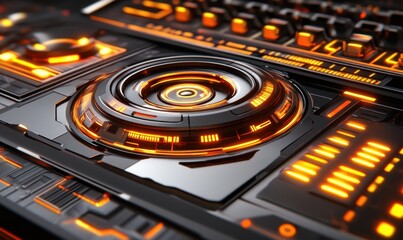 Futuristic DJ console with glowing orange lights for music production