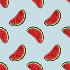 A seamless pattern featuring slices of watermelon on a Pastel Blue background. The watermelon slices are vibrant with red flesh and green rind, showcasing black seeds.
