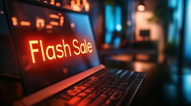 Laptop screen displaying "Flash Sale" in neon orange text. - Powered by Adobe