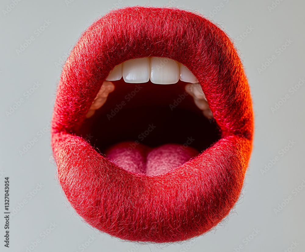 Poster close up of vibrant red mouth with open lips and white teeth, showcasing bold expression. unique tex