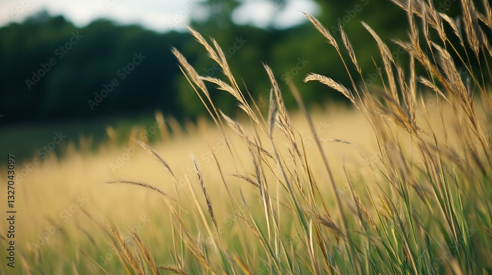 Poster Golden grass swaying gently in the warm sunlight with a blurred forest background in a serene countryside setting : Generative AI