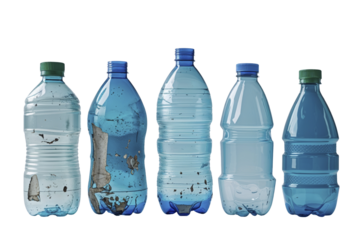 empty dirty plastic bottles of different shapes thrown into garbage lined up on transparent background