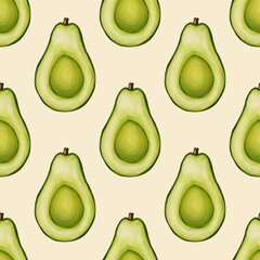 A seamless pattern featuring sliced avocados with a vibrant green color against a Pastel Yellow background.
