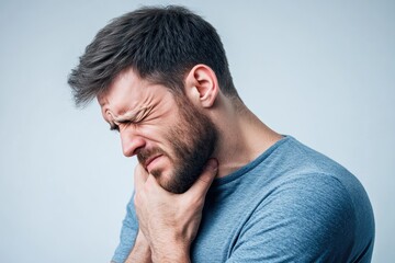 Obraz premium Experiencing neck and throat pain while holding chin with discomfort