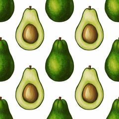 A seamless pattern featuring whole avocados and halved avocados with a brown pit, set against a white background. The design showcases the vibrant green color of the avocados.