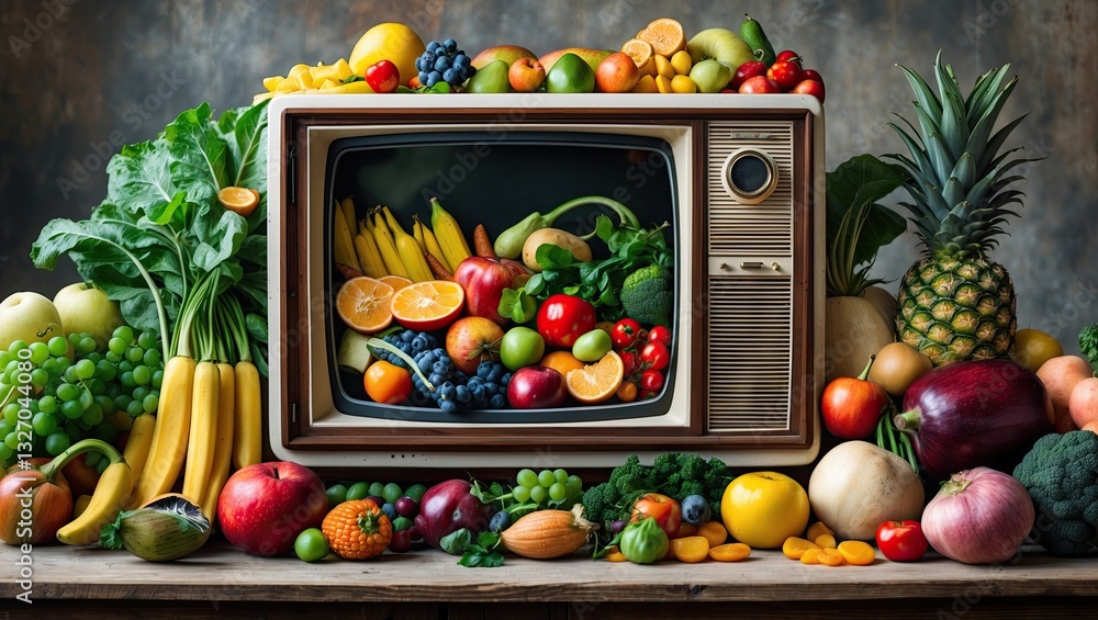 Poster a vintage television set overflowing with an array of colorful fruits and vegetables, creating a vib