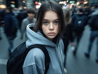 Fototapeta premium Contemplative Young Woman in Oversized Hoodie Amid Blurred Urban Crowd - A Surreal Moment of Solitude and Self-Reflection in a Busy City Square with Cinematic Lighting