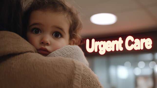 Parent cradling feverish child in urgent care waiting room