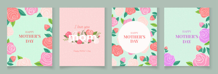 Set of trendy Mother's Day card, banner, or poster with a floral frame in a mid-century art style. Vibrant spring, summer abstract floral design, perfect for ads, promos, flyers, labels, and covers.	