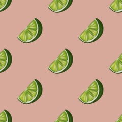 A seamless pattern featuring sliced lime wedges on a Pastel Green background. The limes are vibrant green with a glossy texture, showcasing their juicy segments.