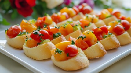 Colorful Tomato and Herb Bruschetta Appetizers on White Platter
