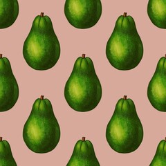 A seamless pattern featuring multiple green avocados on a Pastel Green background, showcasing their smooth texture and distinct shape a Pastel Green background.