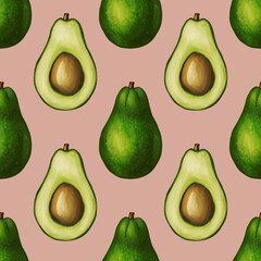 A seamless pattern featuring whole avocados and halved avocados with a brown pit, set against a Pastel Green background. The design showcases the vibrant green color of the avocados.