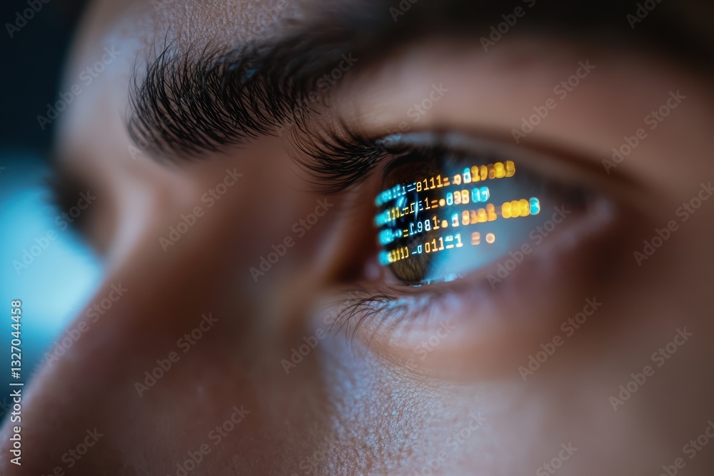 Poster programmer concentrating with code reflected in their eyes while working at a desk