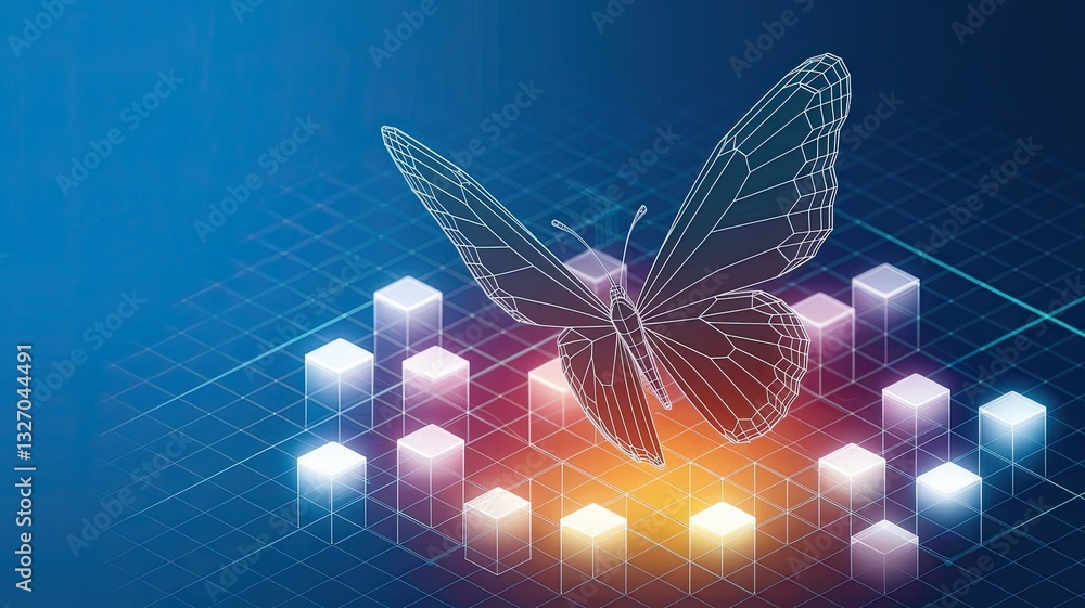 Poster an abstract butterfly flies over linked digital blocks. metaverse concept. nft and blockchain techno