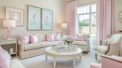 Elegant and Serene Living Room Interior with Pastel Accents and Natural Light