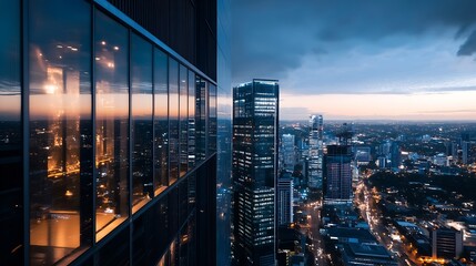 Obraz premium Panoramic cityscape at twilight showcasing modern skyscrapers and reflective glass buildings : Generative AI