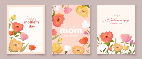 Happy Women's Day  card set. Beautiful hand-drawn floral designs, spring leaves, and plants. Ideal for banners, social media, and greeting cards. Vector flat design