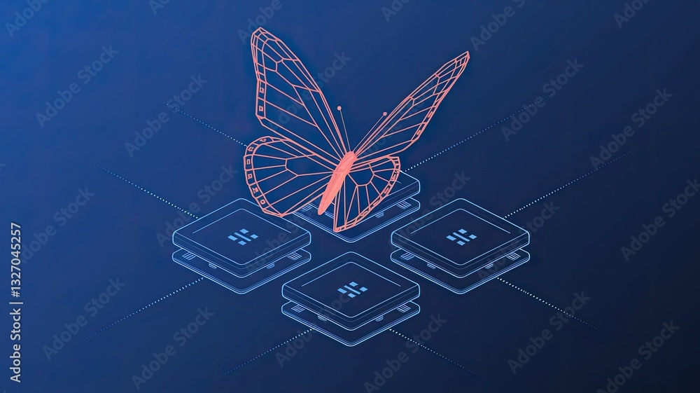 Poster an abstract butterfly flies over linked digital blocks. metaverse concept. nft and blockchain techno