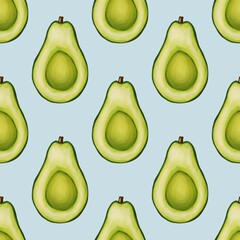 A seamless pattern featuring sliced avocados with a vibrant green color against a Pastel Blue background.