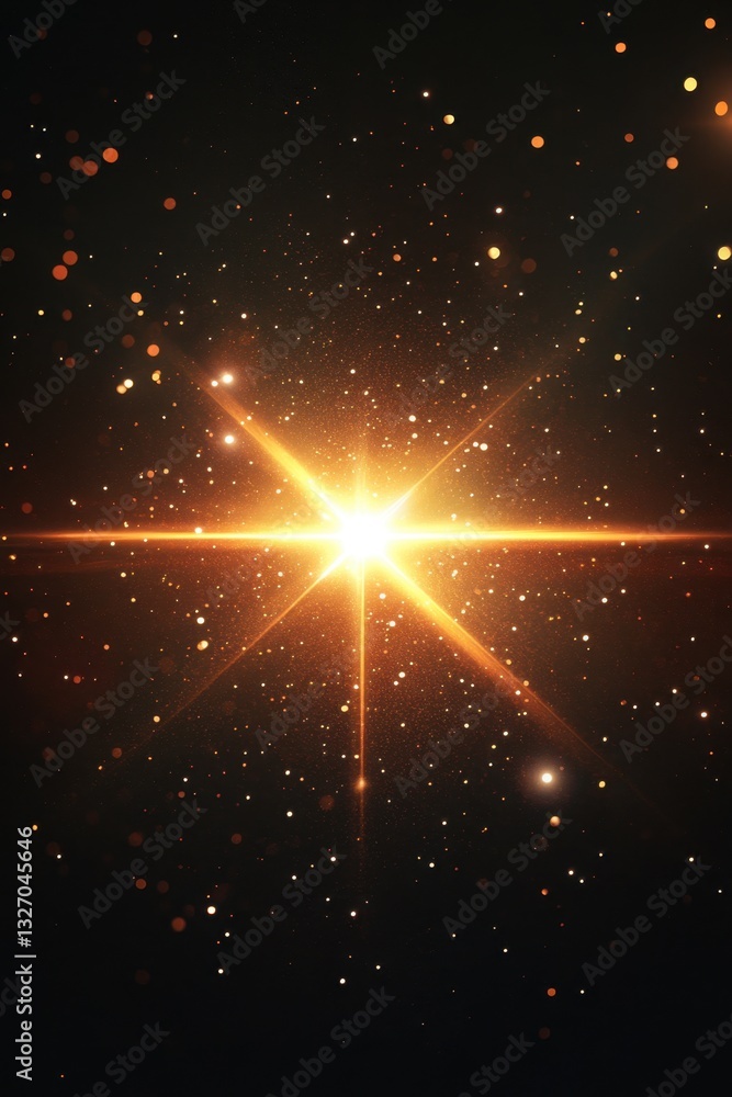 Poster luminous golden starburst on dark background with sparkling particles creating a celestial atmospher