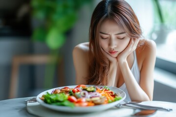 Slim Asian woman feels bored while staring at dieting food in a bright indoor setting