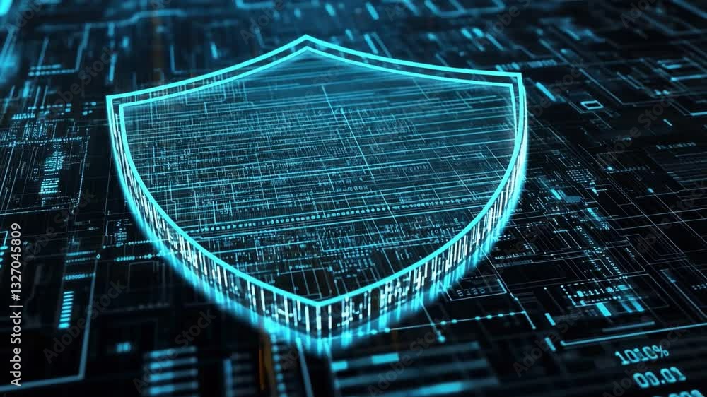 Poster digital shield symbol of cybersecurity, data protection, and technology in network security and info