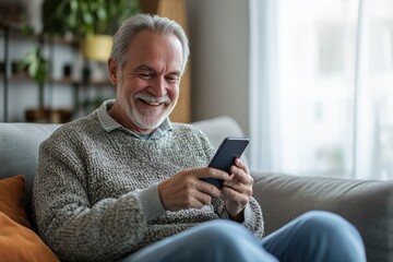 Smiling senior man engages with smartphone while relaxing on sofa at home