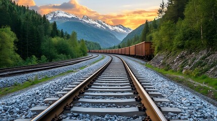 Fototapeta premium Picturesque railway tracks winding through lush green forests and majestic mountains under a colorful sunset sky : Generative AI