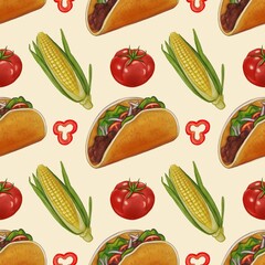 A colorful pattern featuring tacos, corn, tomatoes, and green onions on a Pastel Yellow background. The tacos are filled with beans and vegetables, creating a vibrant food design.
