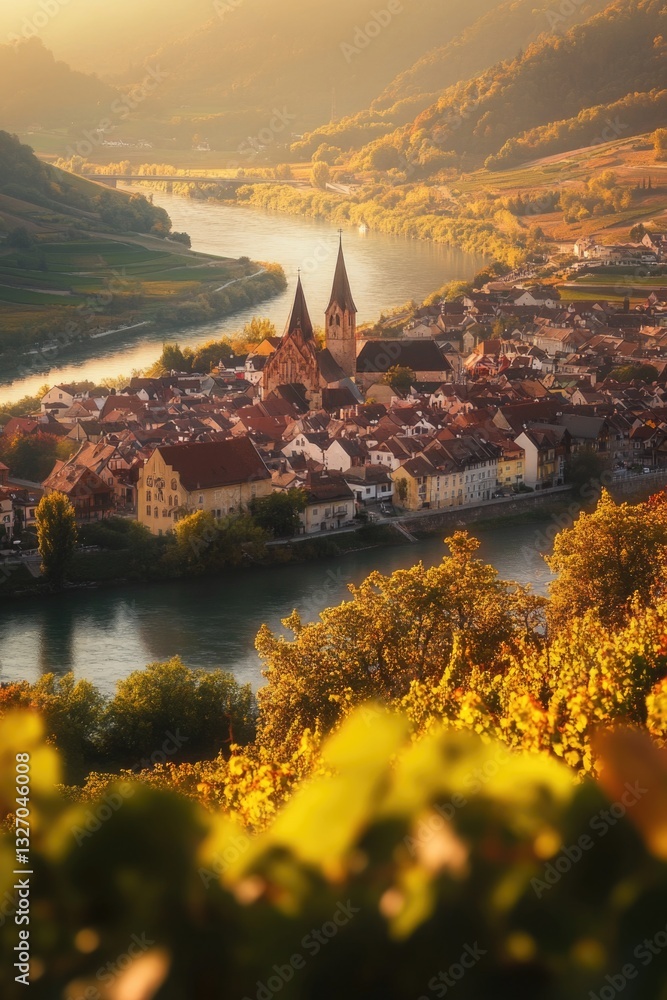 Poster a scenic view of a town with a river flowing through it