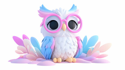 Obraz premium Adorable Baby Owl with Pastel Watercolor Leaves