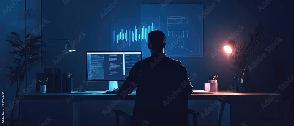 Poster a person sitting at a desk with a computer, great for office or workspace scenes