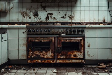 Rusty oven, dirty kitchen, abandoned building, decay