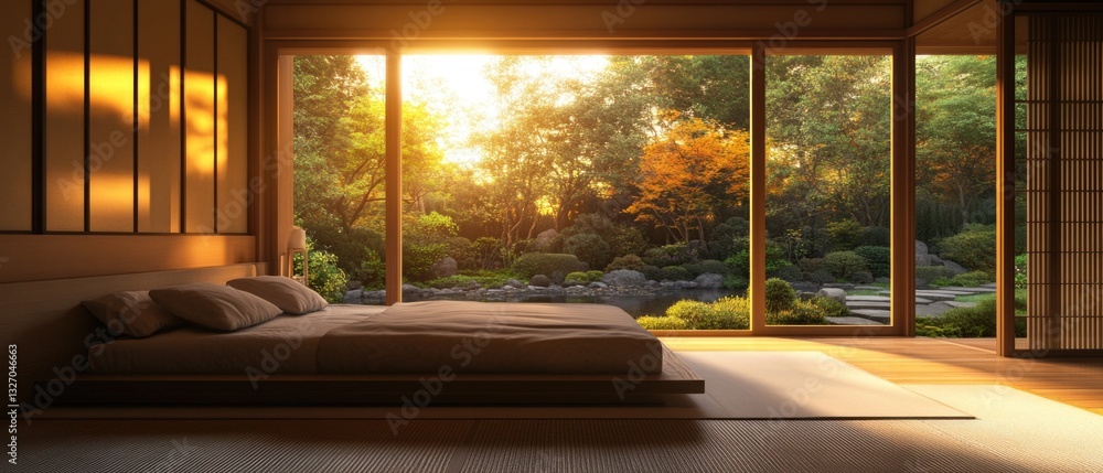 Poster a bed with a window next to it in a bedroom setting