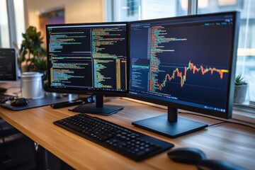 Naklejka premium Stock market analysis setup with dual monitors showcasing market trends and data