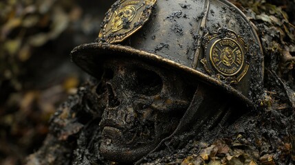 A mud-covered skull wears a firefighter's helmet, symbolizing sacrifice and the somber cost of duty.
