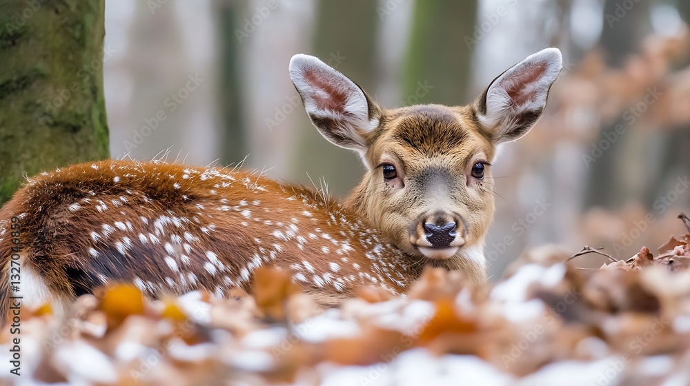 Aufkleber adorable young deer resting peacefully amid autumn leaves in a serene forest setting : generative ai