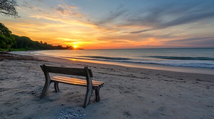 Serene Beach Scene Featuring a Bench at Sunset Overlooking Calm Waters : Generative AI