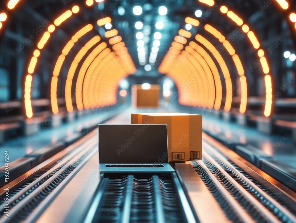 Poster A laptop computer sits on top of a train track, a unique and unexpected setting