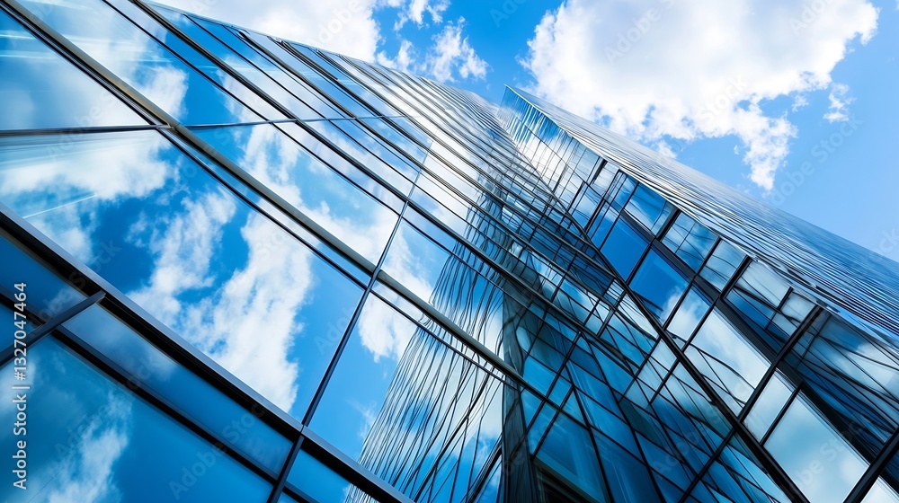 Poster modern architectural design featuring a high rise building reflecting clouds in the glass facade : g