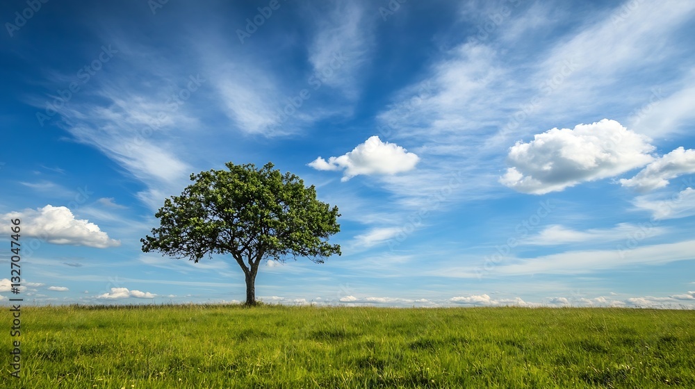 Aufkleber lone tree standing in a green field under a bright blue sky with fluffy clouds : generative ai