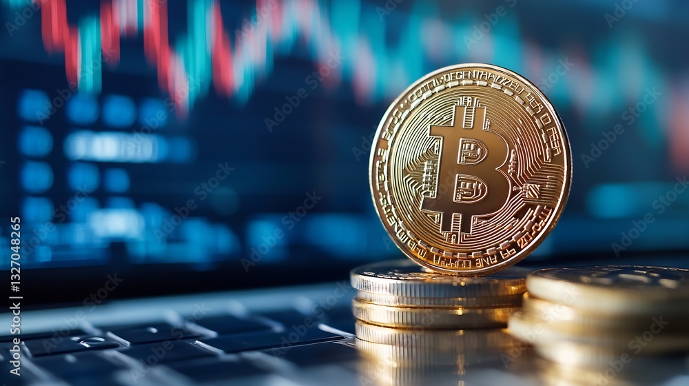Poster bitcoin cryptocurrency coin piled on laptop keyboard with stock market data display : generative ai