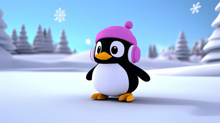 Cute Cartoon Penguin Wearing Pink Earmuffs and Hat in Snowy Winter Landscape