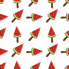 A repeating pattern of watermelon slices shaped like popsicles, featuring red flesh, black seeds, and green rind, set against a white background.