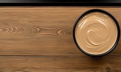 Chocolate cream in a black bowl on wooden table.
